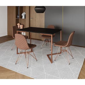 Mesa Jantar Industrial Retangular Preta 120x75 Base V com 4 Cadeiras Estofadas Caramelo Base Cobre