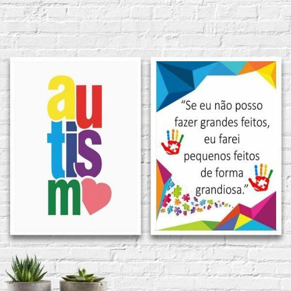 Kit 2 Quadros Frase Reflexão Autismo 45X34Cm Branca
