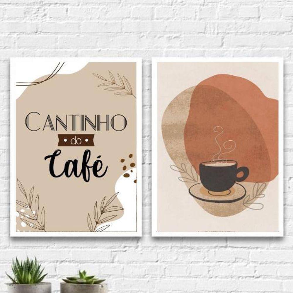 Kit 2 Quadros Cantinho Do Café Abstrato Marrom 45X34 Branca