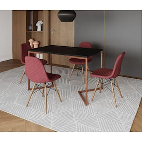 Mesa Jantar Industrial Retangular Preta 120x75 Base V Cobre com 4 Cadeiras Estofadas Vermelhas Madei
