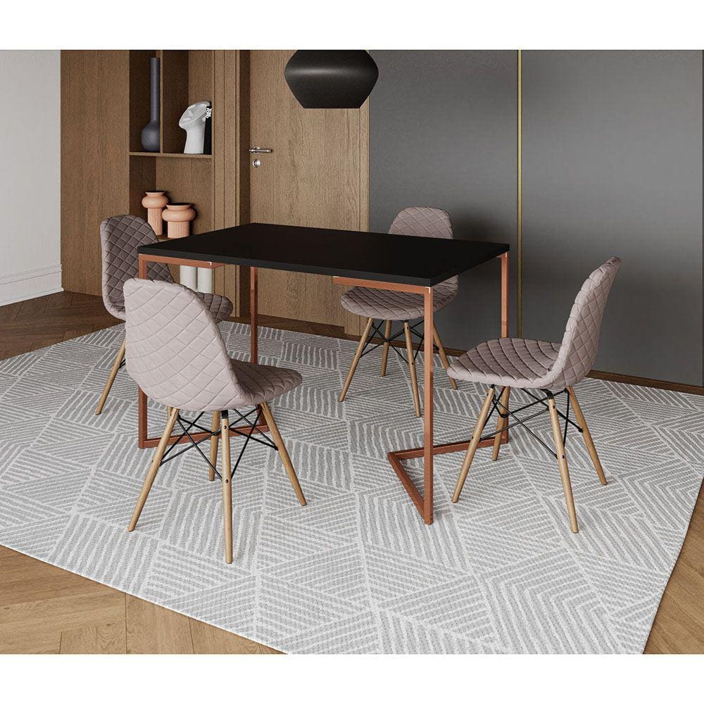 Mesa Jantar Industrial Retangular Preta 120x75 Base V Cobre com 4 Cadeiras Estofadas Nude Médio Made