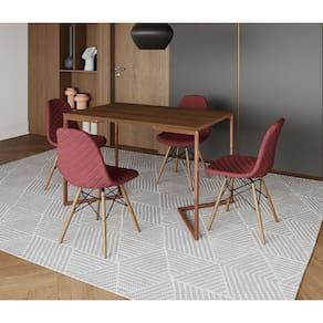 Mesa Jantar Industrial Retangular Amêndoa 120x75 Base V Cobre com 4 Cadeiras Estofada Vermelha Madei