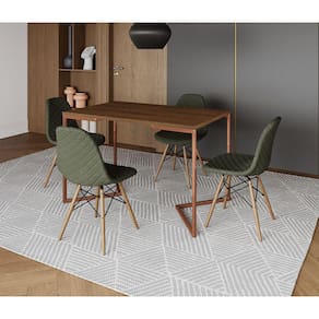 Mesa Jantar Industrial Retangular Amêndoa 120x75 Base V Cobre com 4 Cadeiras Estofadas Verde Madeira