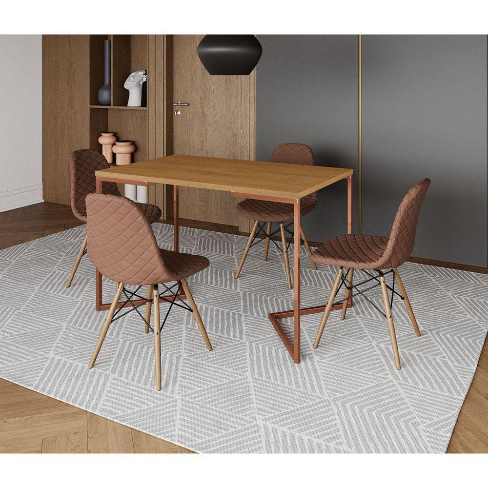 Mesa Jantar Industrial Retangular Canela 120x75 Base V Cobre C/ 4 Cadeiras Estofada Caramelo Madeira
