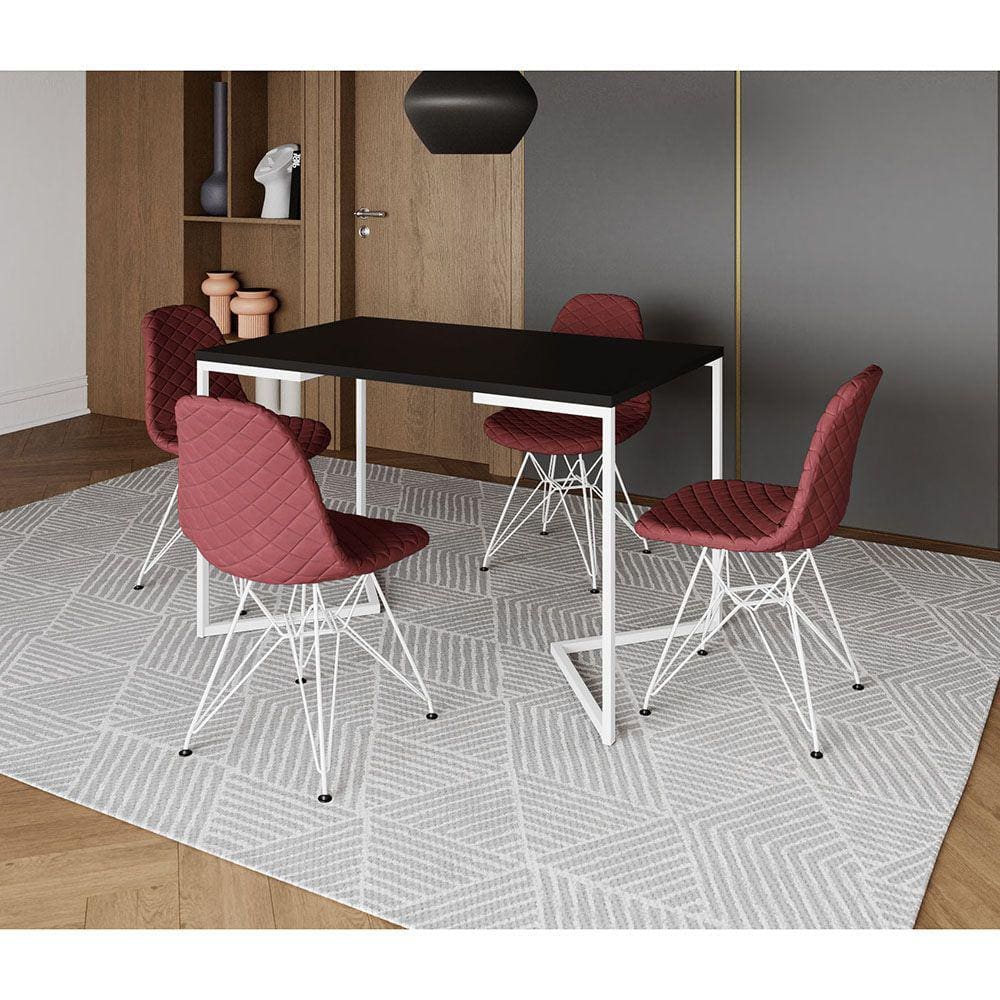 Mesa Jantar Industrial Retangular Base V 120x75cm Preta com 4 Cadeiras Estofadas Vermelhas Aço Branc