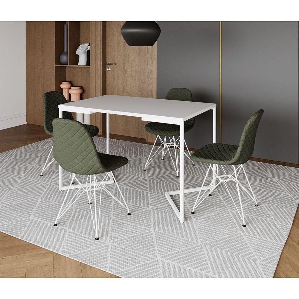 Mesa Jantar Industrial Retangular Base V 120x75cm Branca com 4 Cadeiras Estofadas Verdes Aço Branco