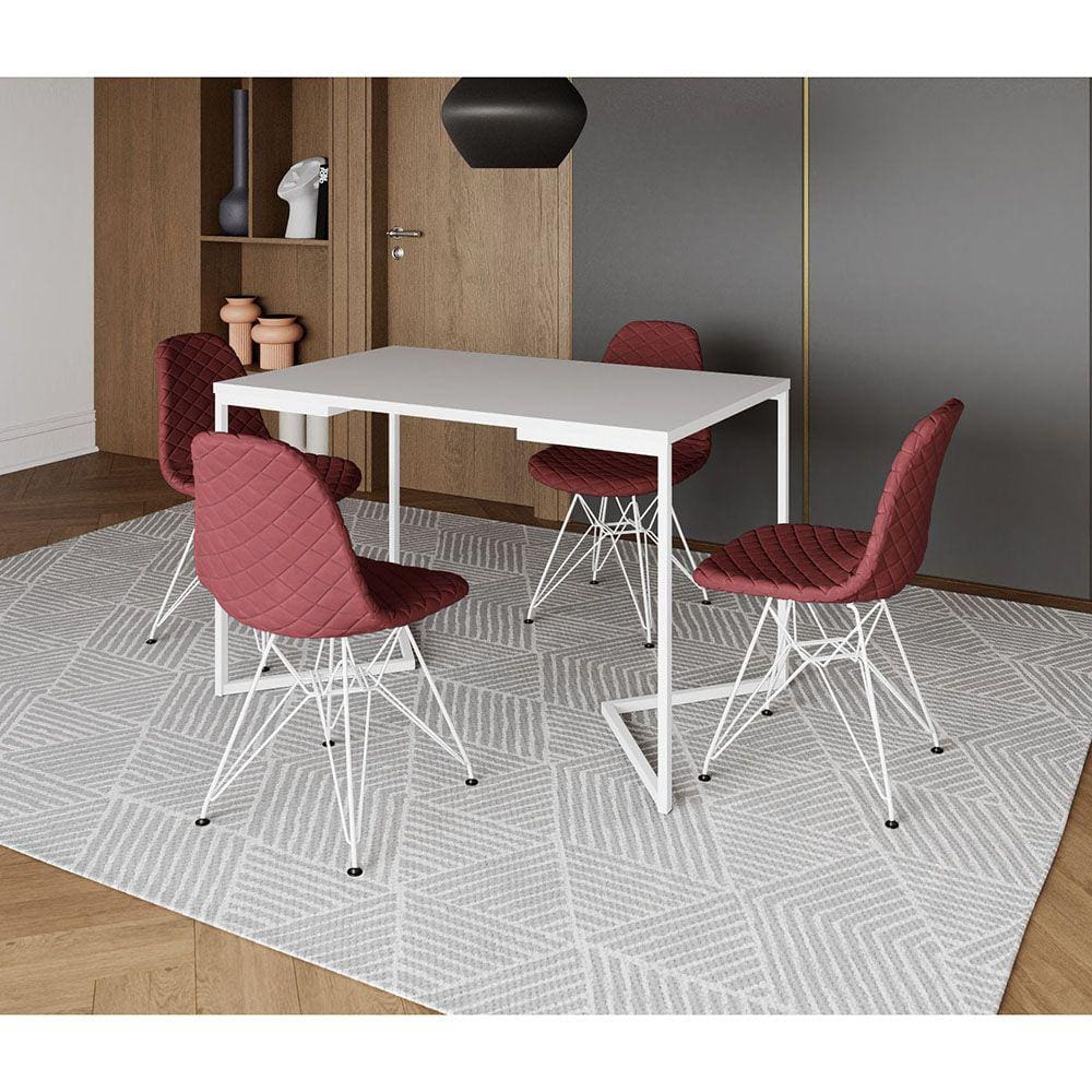 Mesa Jantar Industrial Retangular Base V 120x75cm Branca com 4 Cadeiras Estofadas Vermelhas Aço Bran