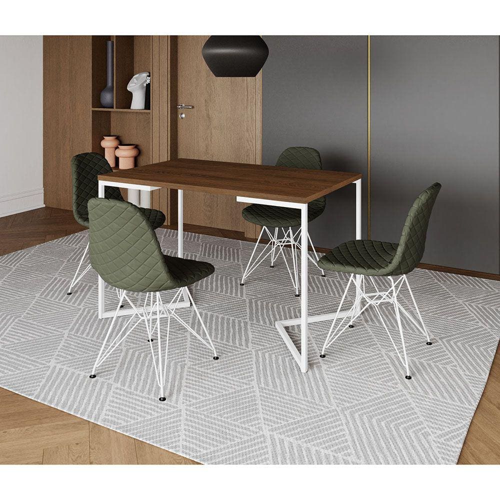 Mesa Jantar Industrial Retangular Base V 120x75cm Amêndoa com 4 Cadeiras Estofadas Verdes Aço Branco
