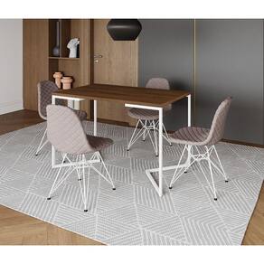 Mesa Jantar Industrial Retangular Base V 120x75cm Amêndoa com 4 Cadeiras Estofadas Nude Médio Aço Br