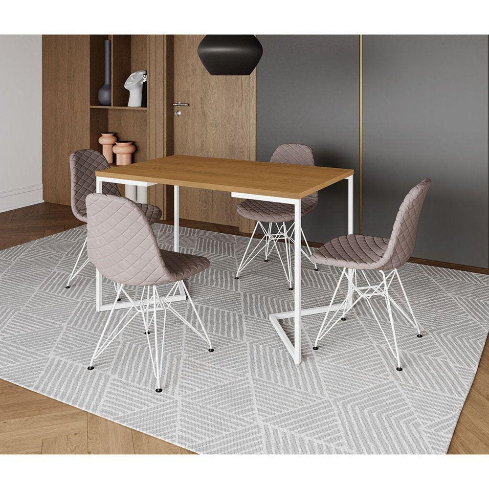 Mesa Jantar Industrial Retangular Base V 120x75cm Canela + 4 Cadeiras Estofada Nude Médio Aço Branco