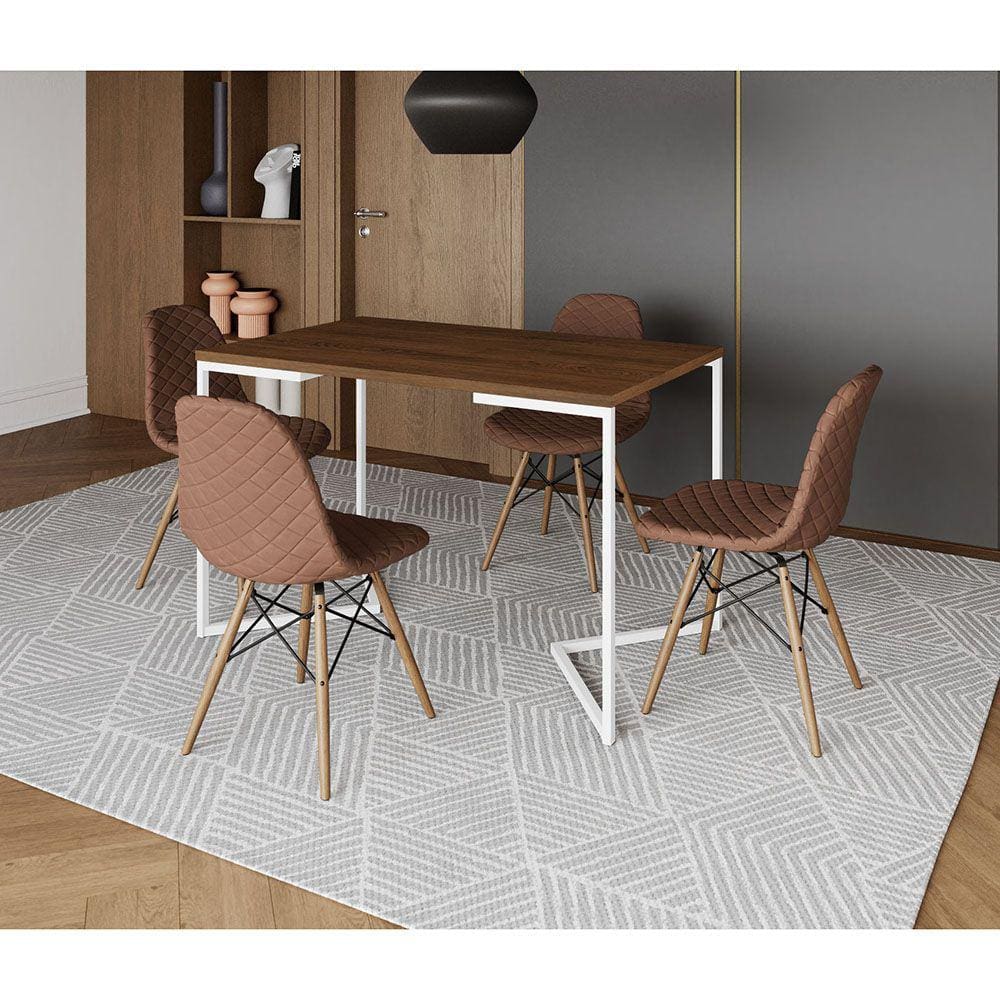 Mesa Jantar Industrial + 4 Cadeiras Estofada Caramelo Madeira Tampo Amêndoa 120x75 Base V Aço Branco