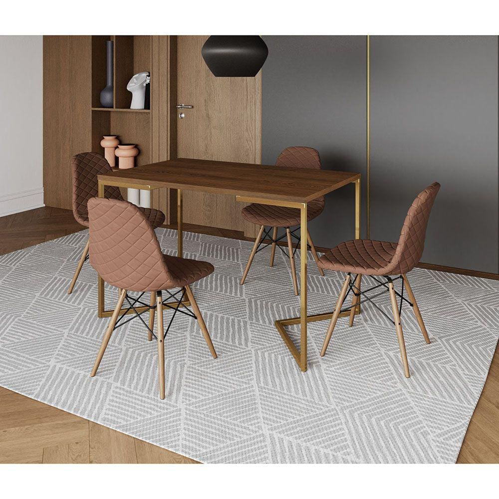 Mesa Jantar Industrial C/ 4 Cadeiras Estofadas Caramelo Madeira Tampo Amêndoa 120x75 Base V Aço Dour