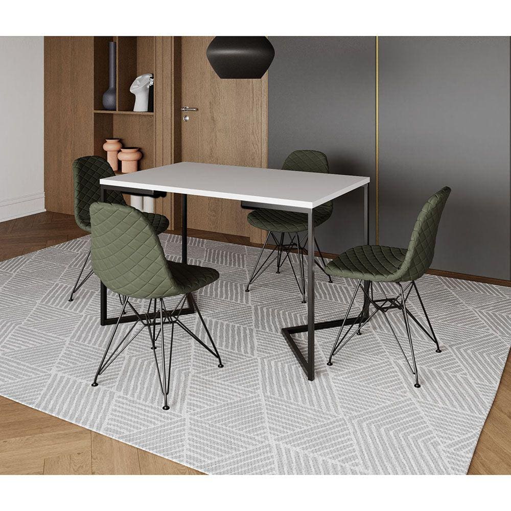 Mesa Jantar Industrial Retangular Branca 120x75 Base V com 4 Cadeiras Estofadas Verdes Aço Preto 
