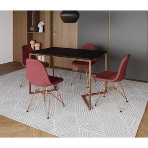 Mesa Jantar Industrial Retangular Preta 120x75 Base V com 4 Cadeiras Estofadas Vermelhas Base Cobre