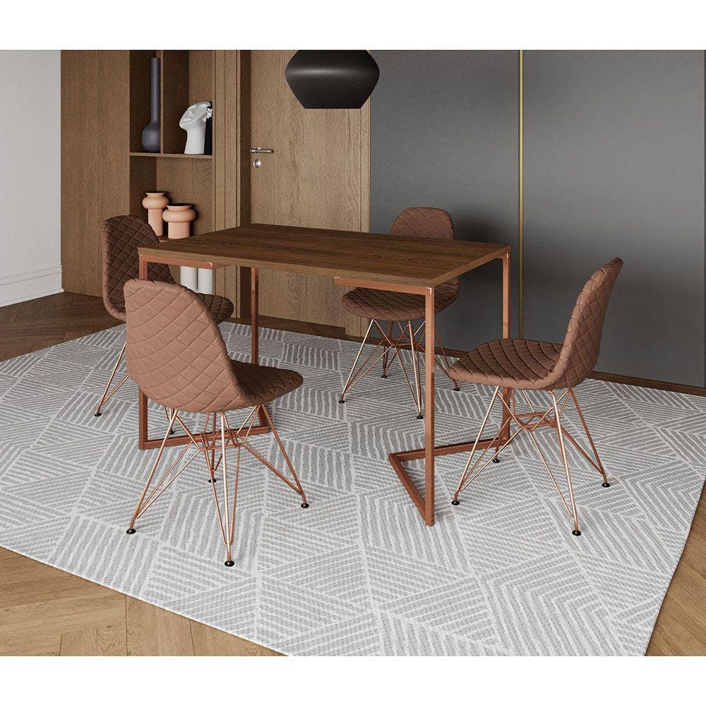 Mesa Jantar Industrial Retangular Amêndoa 120x75 Base V com 4 Cadeiras Estofadas Caramelo Base Cobre