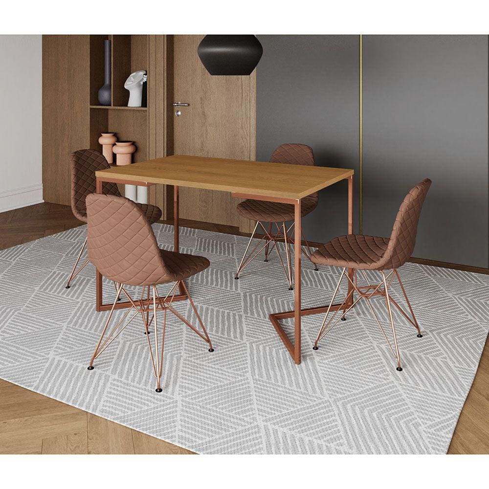Mesa Jantar Industrial Retangular Canela 120x75 Base V com 4 Cadeiras Estofadas Caramelo Base Cobre