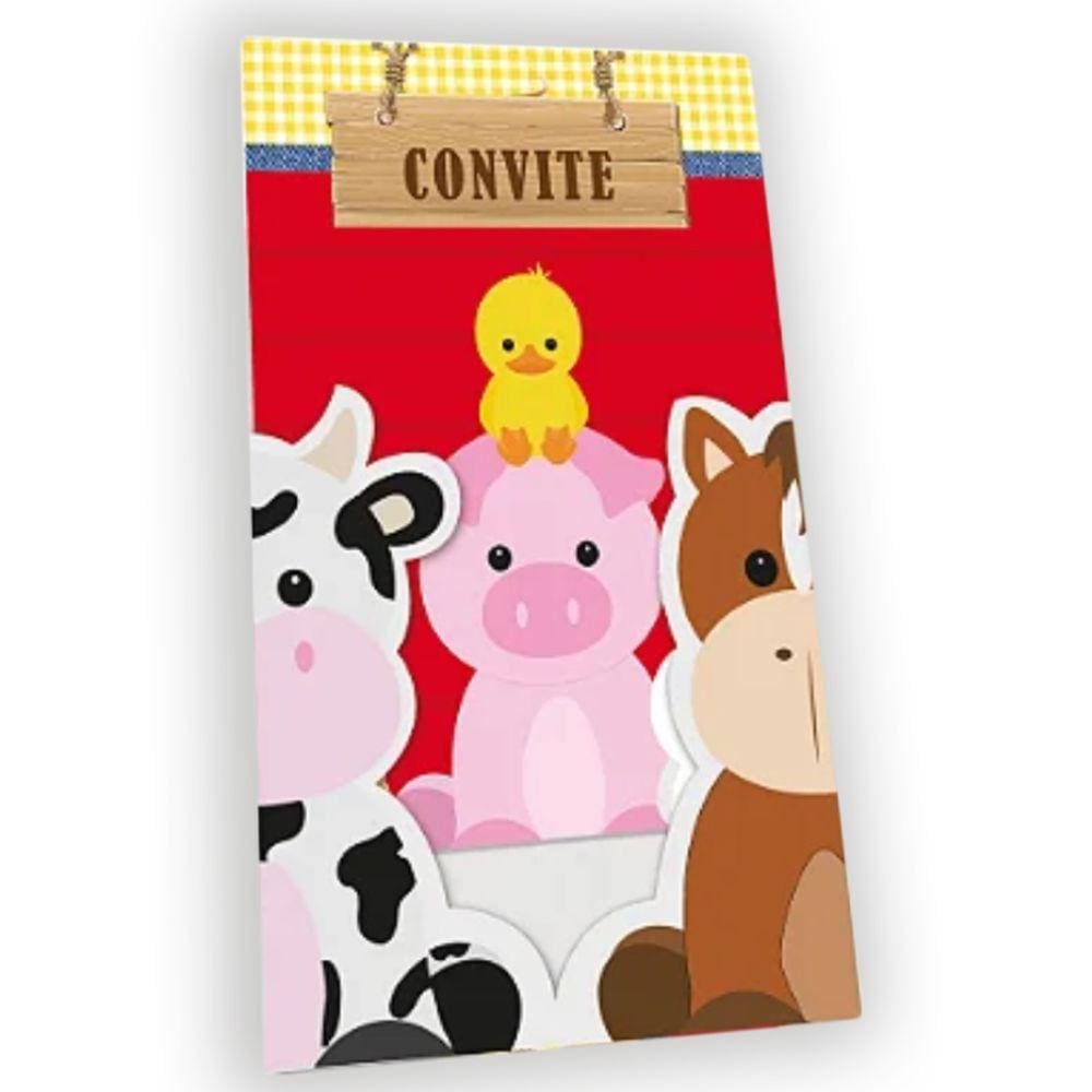 Convite de Aniversário Animais Fazendinha - 8 Unidades