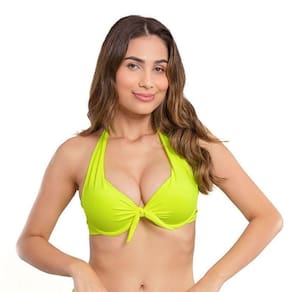 Top Avulso Moda Praia Tecido Canelado Neon Amarelo Laço Na Frente Valoriza Modela