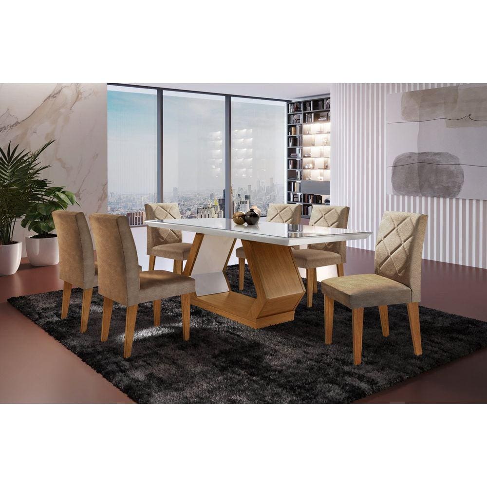 Conjunto Sala de Jantar Mesa Islândia 180x80cm Tampo Vidro/MDF Canto Reto com 6 Cadeiras Irlanda Rufato Off White/Imbuia