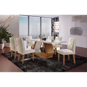 Conjunto Sala de Jantar Mesa Islândia 180x80cm Tampo Vidro/MDF Canto Reto com 6 Cadeiras Irlanda Rufato Off White/Imbuia
