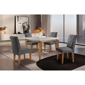 Conjunto Mesa 120cm Canto Reto Dublin e 4 Cadeiras Irlanda Rufato Linho Grafite/Off White/imbuia