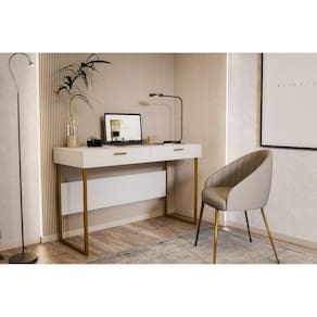 Escrivaninha 120cm 2 Gavetas Pés em Aço Olympia Elaborart Design Branco/Dourado