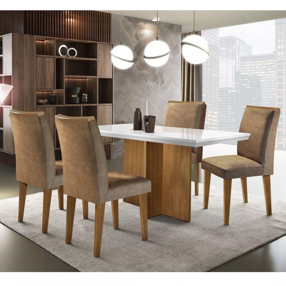 Conjunto Sala de Jantar Mesa Tampo MDF Irlanda 4 Cadeiras Dublin Rufato Animalle Chocolate/Off White/Imbuia