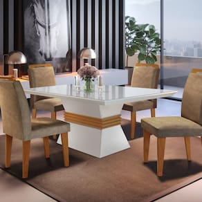 Conjunto Sala de Jantar Mesa Clarice 120x80cm Tampo Vidro/MDF Canto Reto com 4 Cadeiras Athenas Rufato Off White/Imbuia