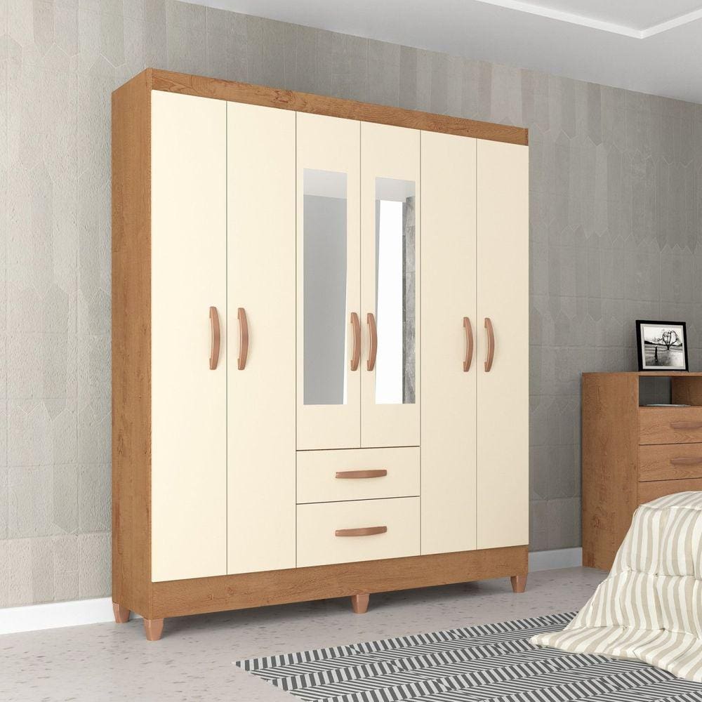 Guarda Roupa Casal 6 Portas 2 Gavetas Fortaleza Light Atualle Móveis Canelato Rústico/Marrom Off White