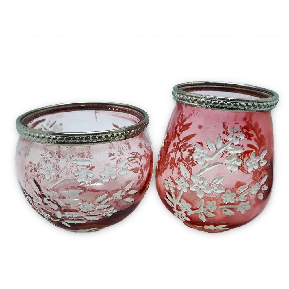 2 Castiçais Porta Velas em Vidro Moderno Floral Rosa