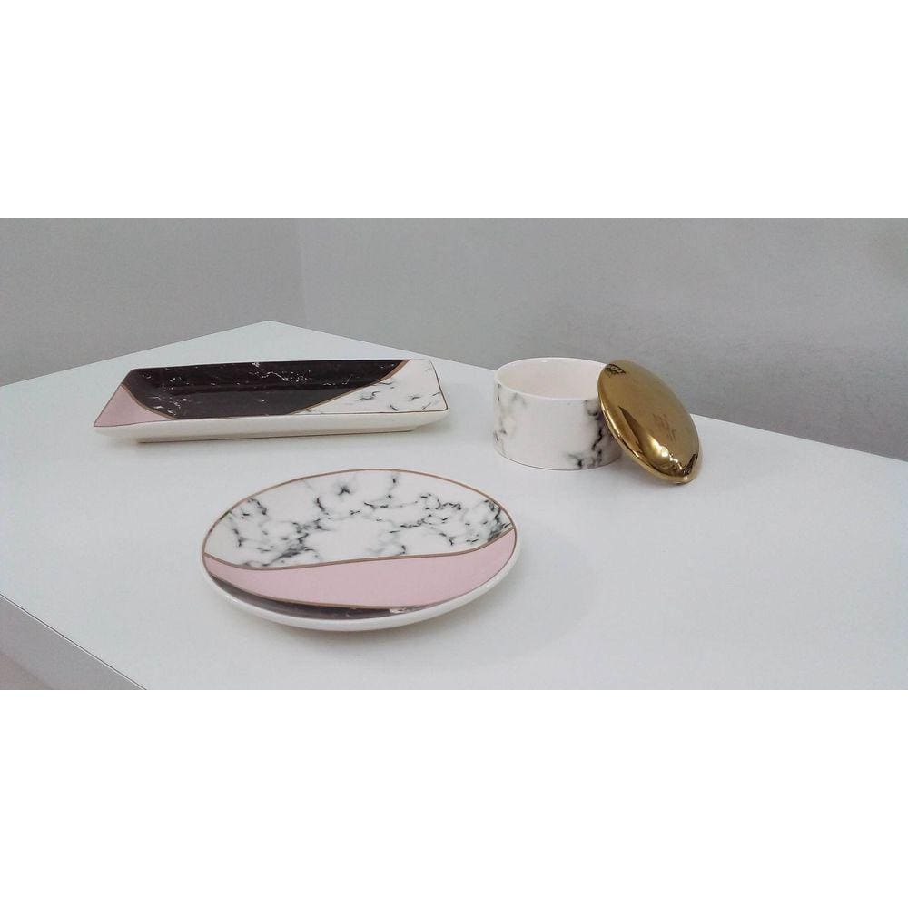 Conjuntinho Decorativo 3 Peças Cerâmica Mármore e Rosa