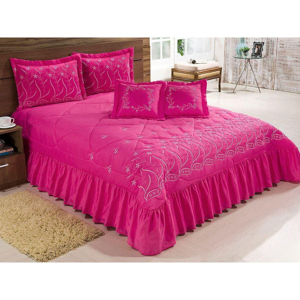 Kit Cobre Leito Casal Desejos 7 Peças Bordado Colcha - Pink