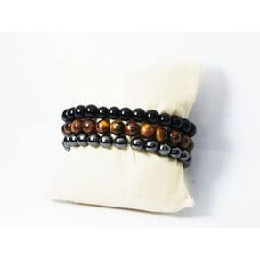 Pulseira Masculina Bolinha Pedra 8Mm 3 Peças Olho De Tigre