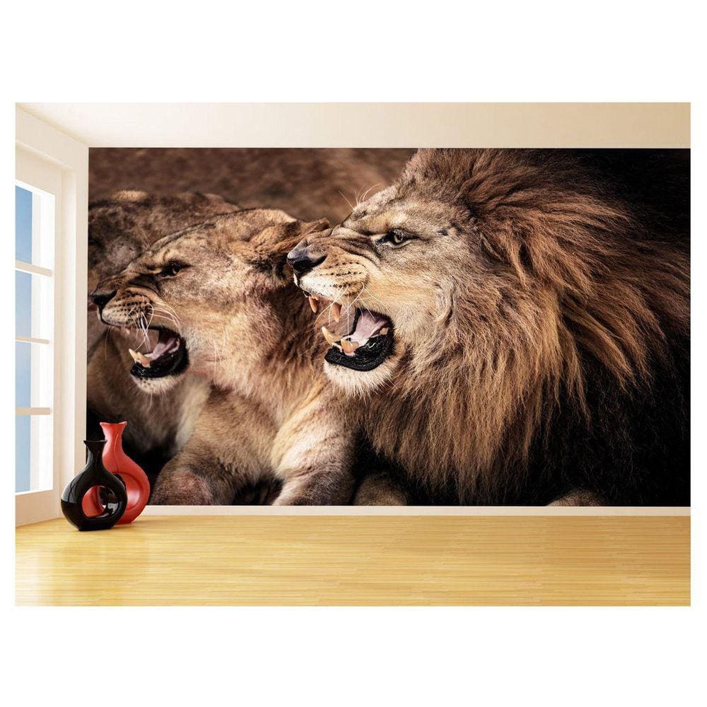 Papel De Parede 3D Animais Leão Família Casal 3,5M Anm540