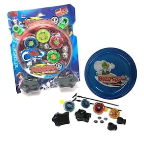 Batalha Beyblade Kit Com 4 Peões Mini Arena Azul Ou Vermelha