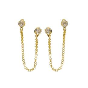 Brinco Ponto De Luz Duplo Com Corrente Banhado A Ouro 18K