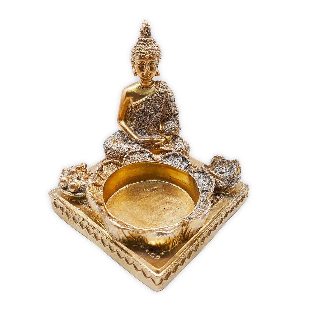 Incensário Vareta Buda Dourado Brilhante Com Porta Velas 7cm