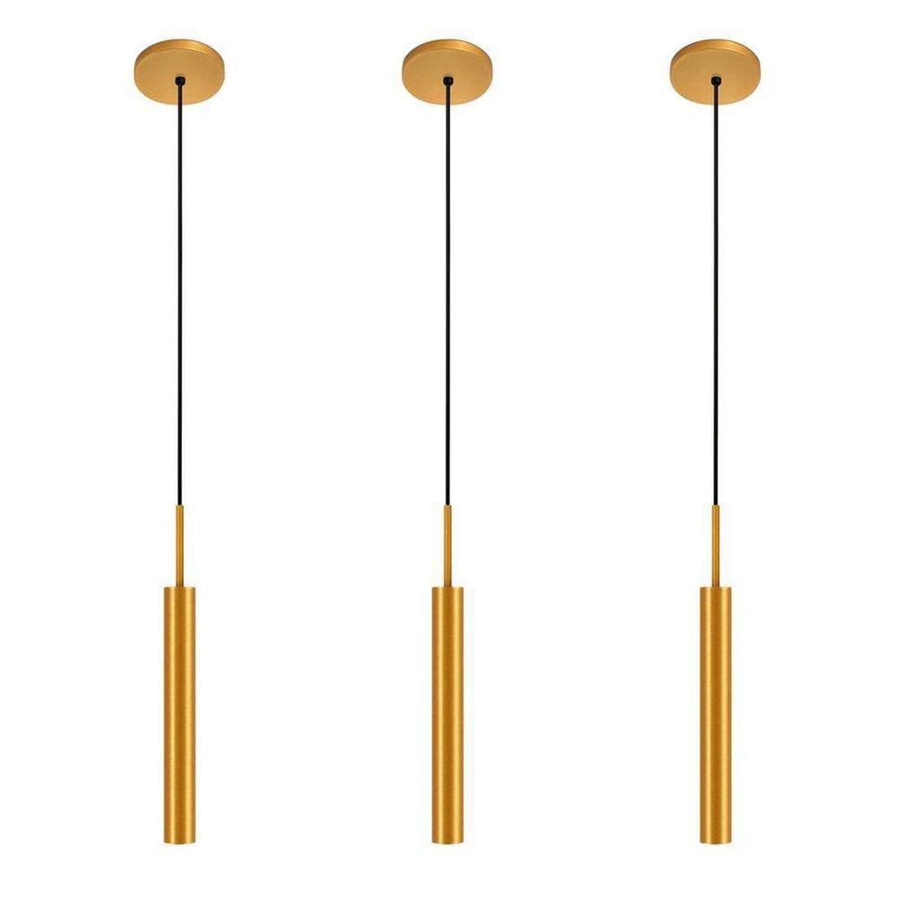 Kit 3 Pendentes Luminária Teto Tubo Sala Quarto Dourado 40Cm