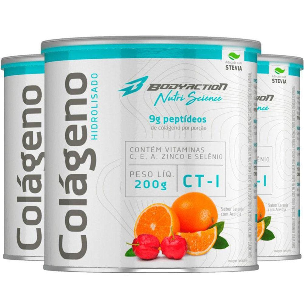 Kit 3 Colágeno Hidrolisado Peptídeos Em Pó 200G Laranja