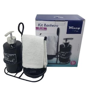 Kit 4 Peças Banheiro Cerâmica Suporte Grade Com Toalha Preto