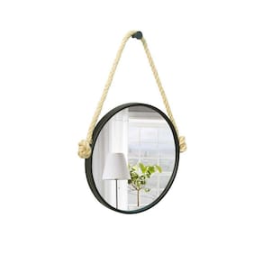 Espelho Decorativo Adnet Preto Alça Sisal Natural 30Cm