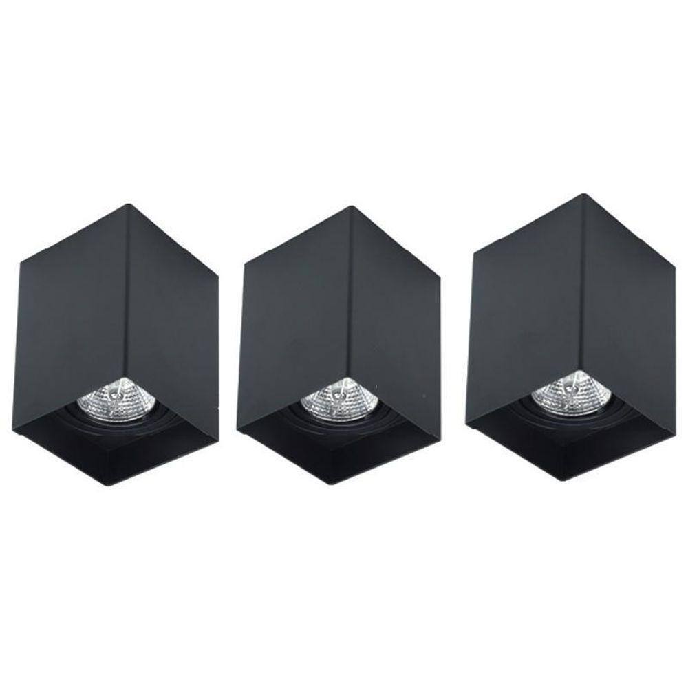 Kit 3 Spot Sobrepor Ar70 Quadrado Direcionavel Preto Lup04