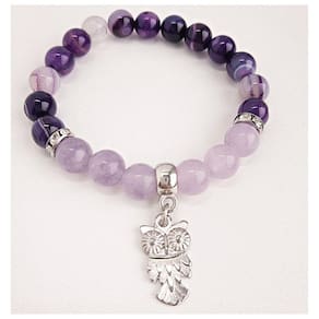 Pulseira Ametista Em Ágata Roxa Jade Lilás Pingente Coruja