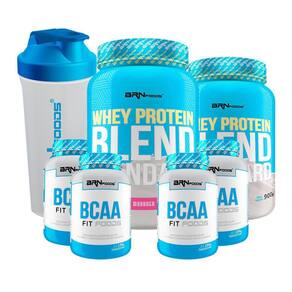 Kit 2X Whey Protein 900G Morango 4X Bcaa Coqueteleira 600Ml