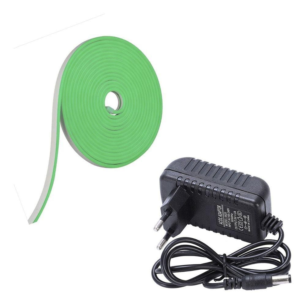 Fita Led Neon Verde 5m Flexível 12v Com Fonte Carregador 12v