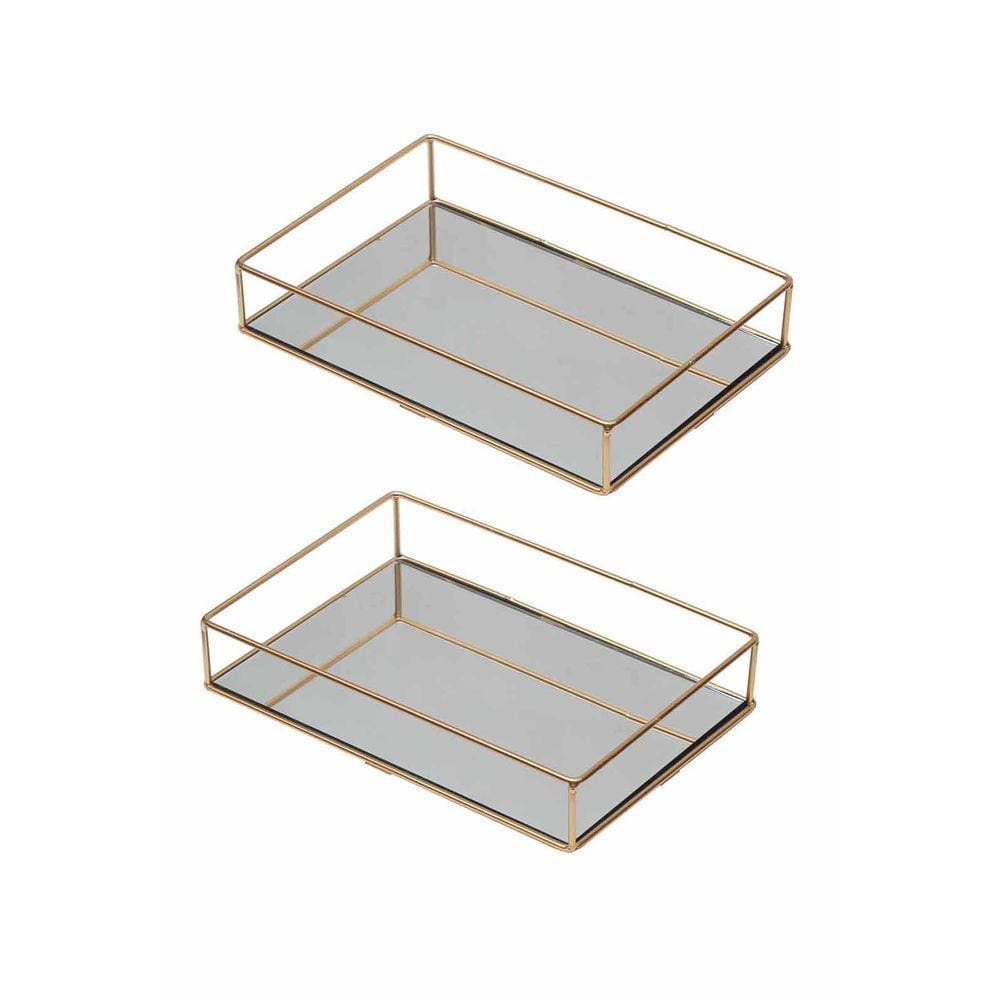 Kit 2 Bandeja Metal Espelho Decorativa Lavabo Dourado 23x15