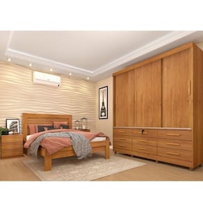Quarto Completo Roupeiro 3 Portas, Cama Casal e Mesa de Cabeceira Chicago Tcil Móveis Cinamomo/Cinamomo