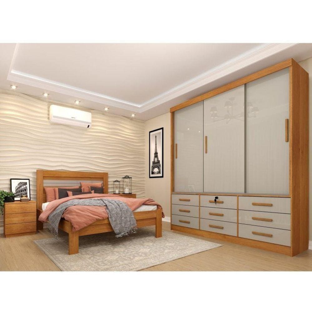 Quarto Completo Guarda Roupa 3 Portas Cama Casal e Mesa de Cabeceira Chicago Tcil Móveis Cinamomo/Off White