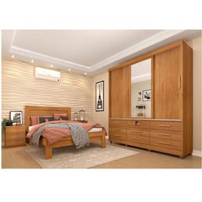 Quarto Completo Roupeiro 3 Portas, Cama Casal e Mesa de Cabeceira Chicago Tcil Móveis Cinamomo/Cinamomo