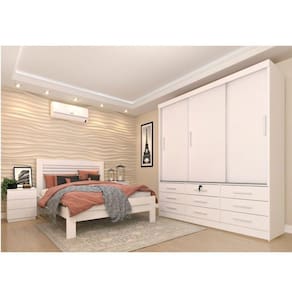 Quarto Completo Guarda Roupa 3 Portas Cama Casal e Mesa de Cabeceira 3 Gavetas Chicago Tcil Móveis Neve